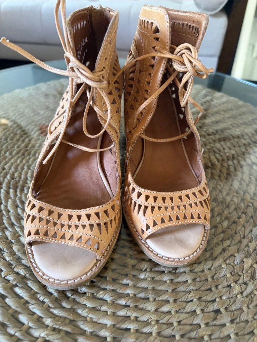Jeffrey Campbell Women’s Tan leather Cutout Lace-Up Block Heel Ankle Boot